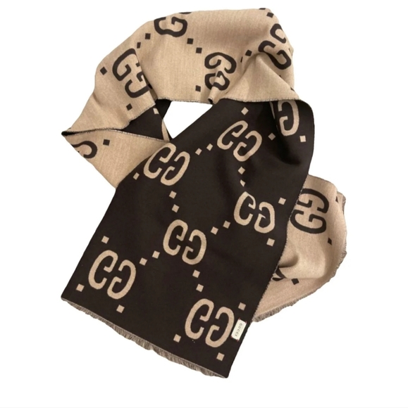 Gucci Accessories - GUCCI Brown Beige Jacquard Wool Silk Monogram Jumbo GG Freedom Scarf Shawl